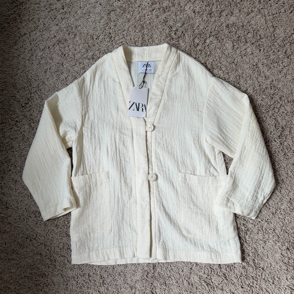 ZARA Kids. Girls Cream Textured Button Jacket with Patch Pockets. Size 11-12